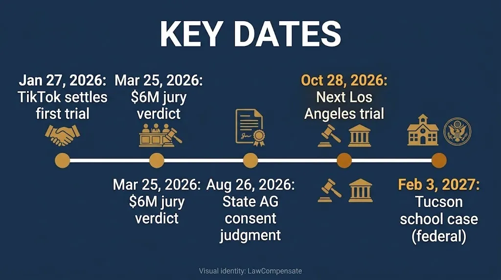 Timeline of Morgan and Morgan social media lawsuit dates from the January 2026 settlement to the October 28 trial.