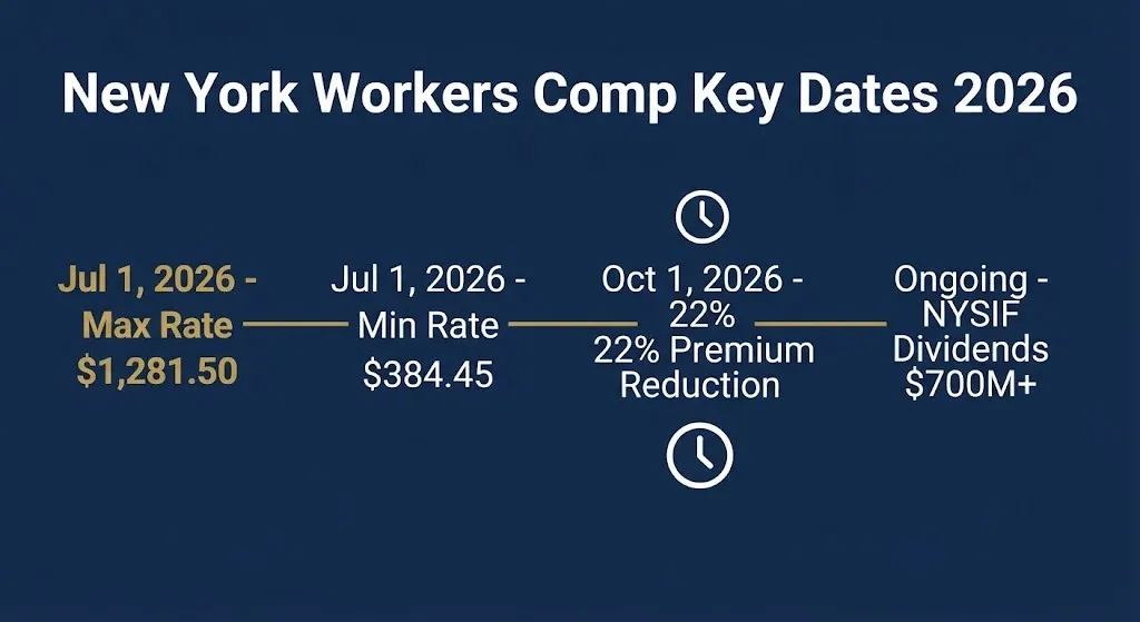 Timeline of New York workers compensation rate changes in 2026 including premium reduction.