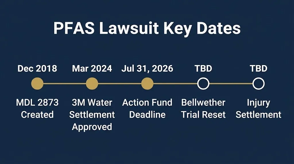 Timeline of PFAS contamination lawsuit dates including MDL creation and 2026 water settlement deadline.