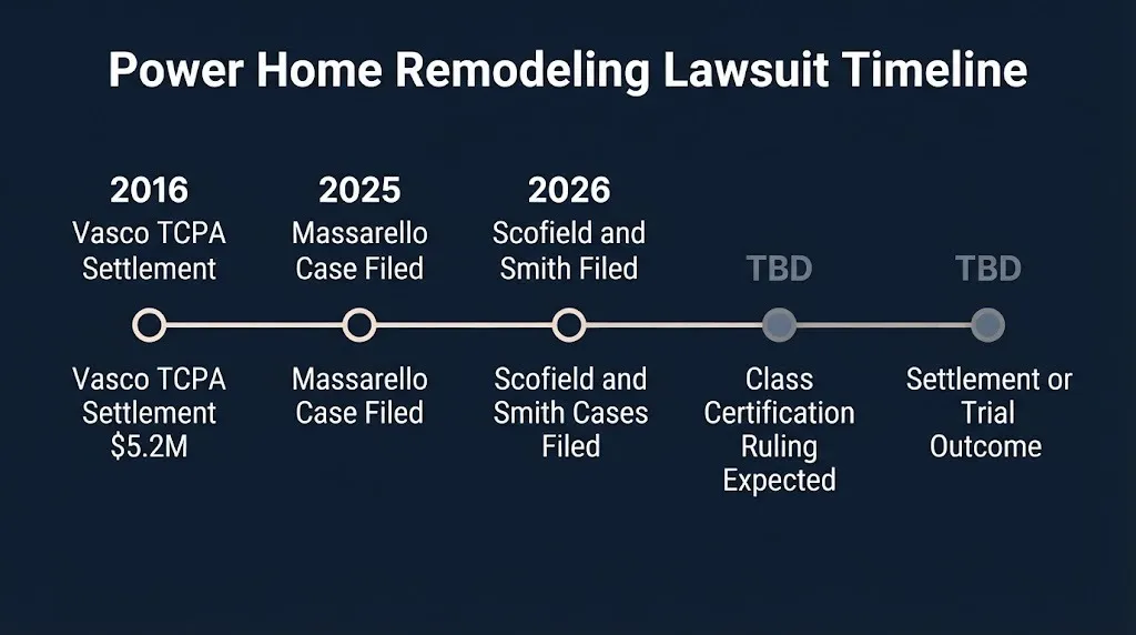 Timeline of Power Home Remodeling Group class action lawsuit from 2016 settlement to 2026 active TCPA cases.
