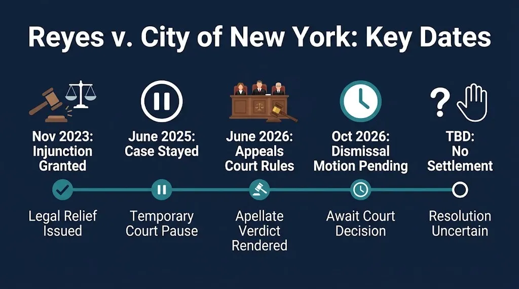 Timeline of Reyes v. City of New York key dates showing no settlement and pending dismissal motion in 2026.