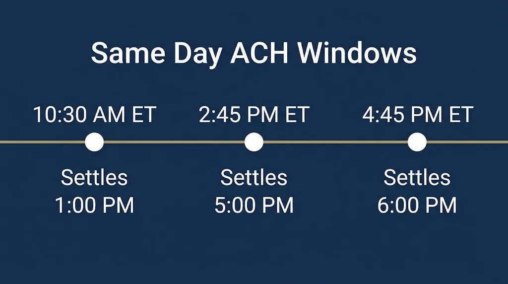 Timeline of Same Day ACH cutoff windows showing 1030 AM, 245 PM, and 445 PM ET deadlines.