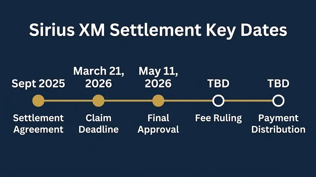 Timeline of Sirius XM class action settlement dates including claim deadline and final approval in 2026.