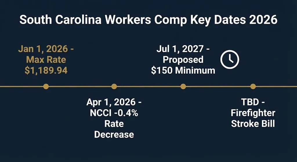 Timeline of South Carolina workers compensation rate changes and legislation in 2026.