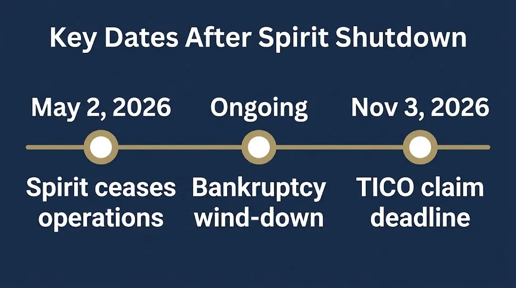 Timeline of Spirit Airlines shutdown showing May 2 closure and November 3, 2026 TICO claim deadline.