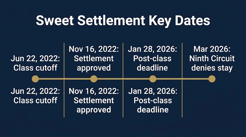 Timeline of Sweet v. Cardona settlement from 2022 approval to 2026 post-class deadline.