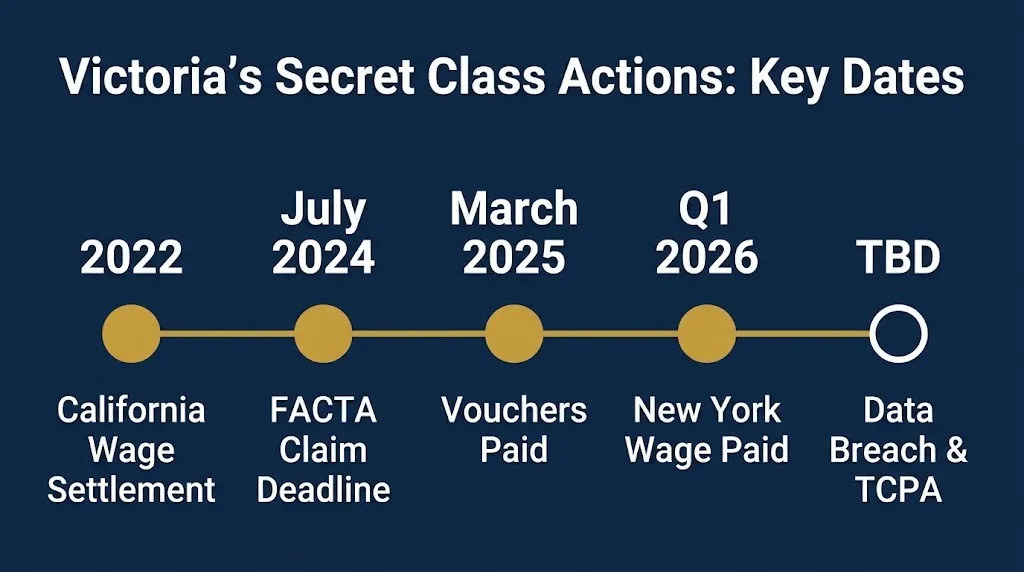 Timeline of Victoria's Secret class action settlements including 2025 vouchers and 2026 wage payout.