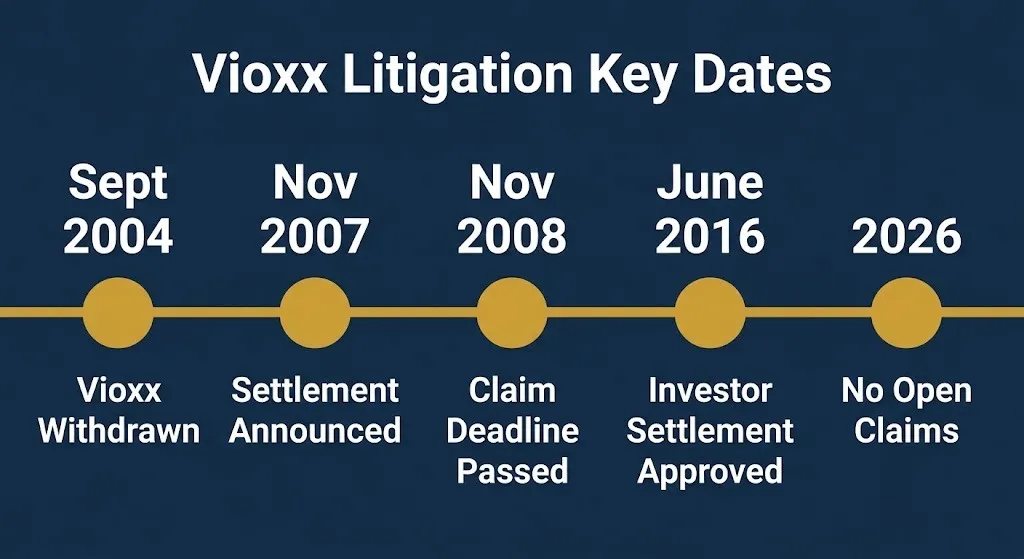 Timeline of Vioxx litigation dates from 2004 withdrawal to 2008 claim deadline and 2016 investor settlement.