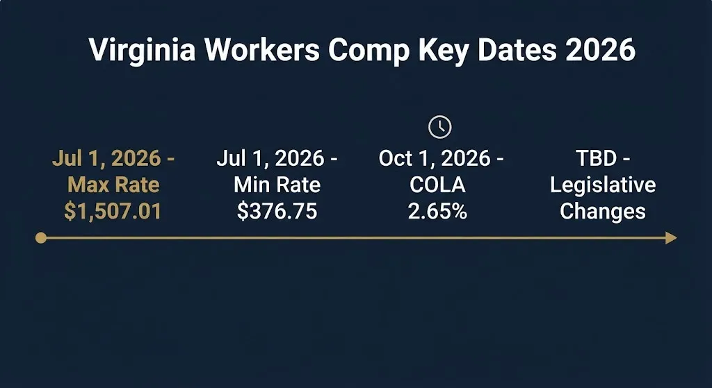 Timeline of Virginia workers compensation rate changes in 2026 including maximum benefit and COLA.