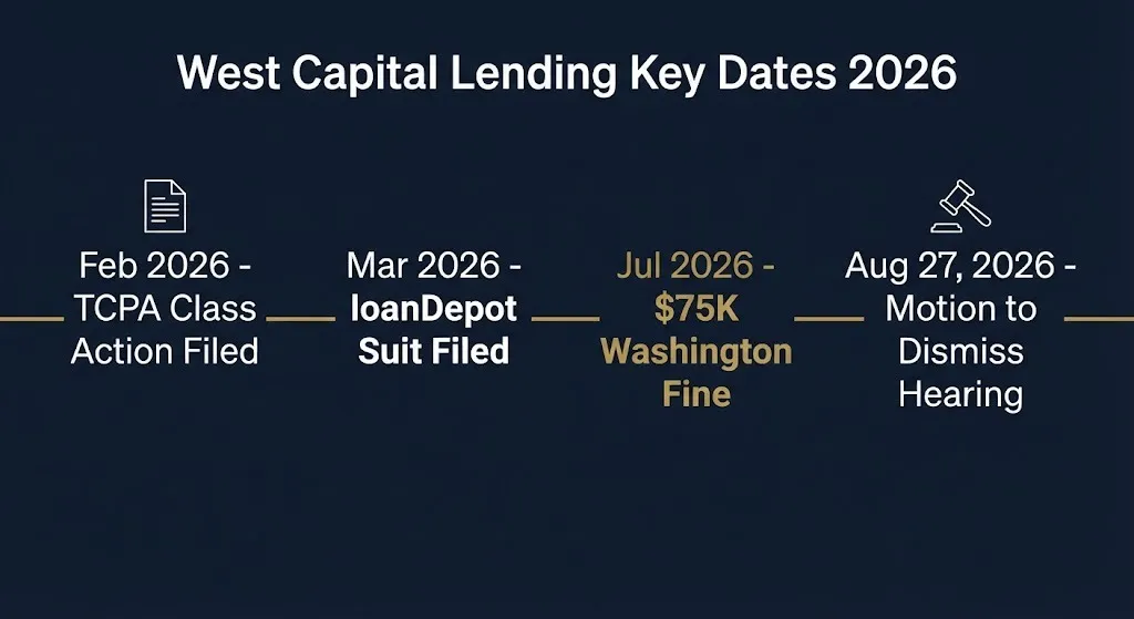Timeline of West Capital Lending lawsuit dates in 2026 including TCPA filing and Washington fine.