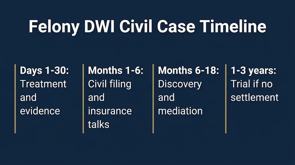 Timeline of a felony DWI lawsuit from treatment through civil filing and trial.