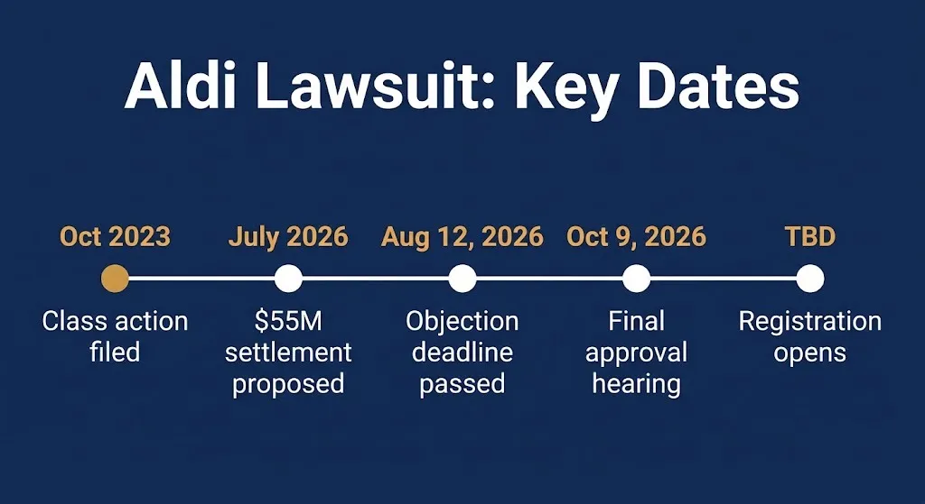 Timeline of key dates in Aldi class action lawsuit from 2023 through 2026