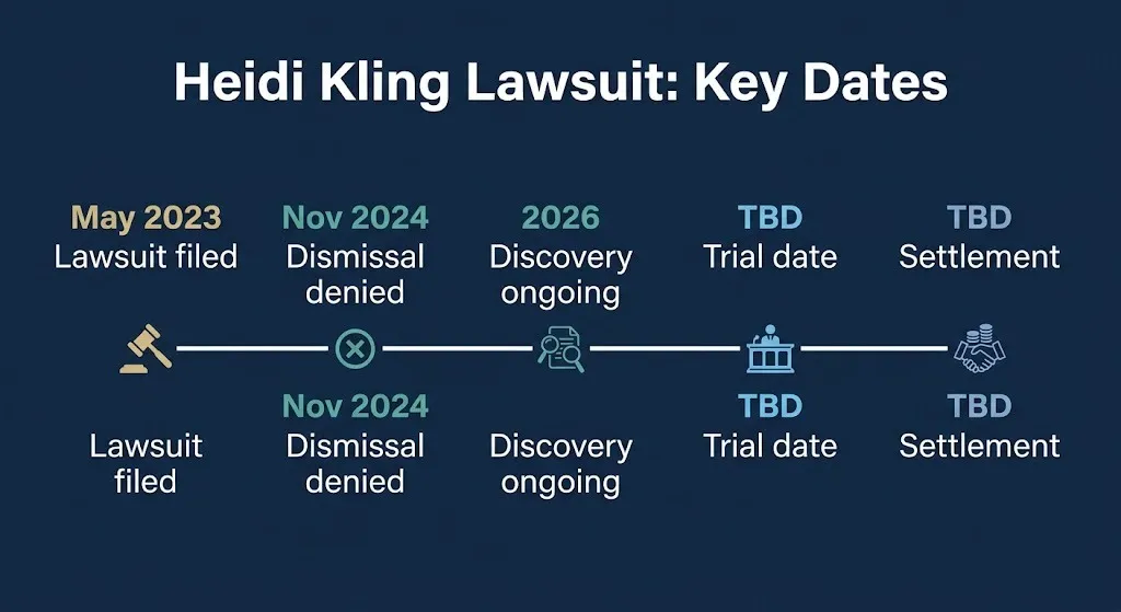 Timeline of key dates in Heidi Kling therapist lawsuit from 2023 through 2026