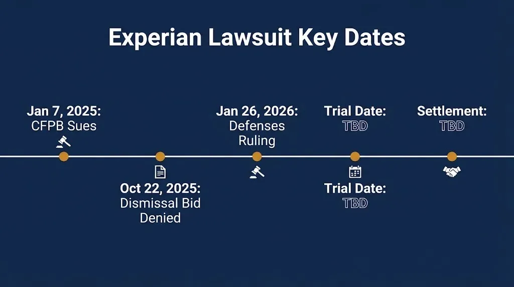 Timeline of key dates in the CFPB Experian lawsuit, with trial and settlement dates still to be determined