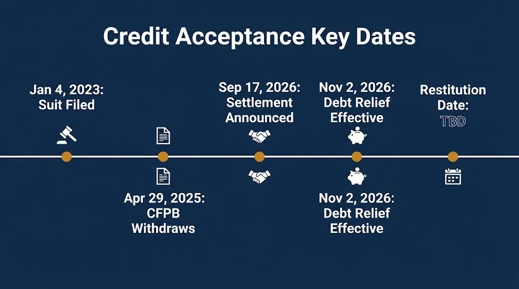 Timeline of key dates in the Credit Acceptance lawsuit, with the restitution date still to be determined