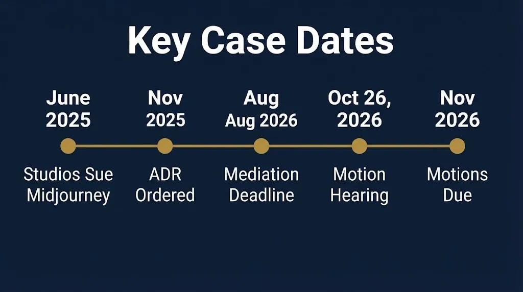 Timeline of key dates in the Midjourney lawsuit 2026 including mediation and motion hearing
