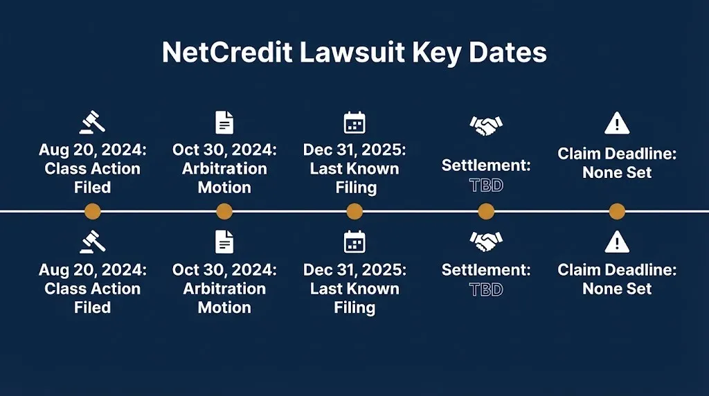 Timeline of key dates in the NetCredit lawsuit, with settlement date still to be determined and no claim deadline