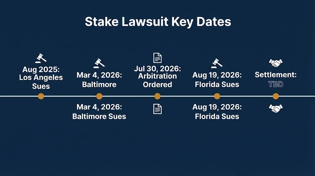 Timeline of key dates in the Stake lawsuit, with the settlement date still to be determined