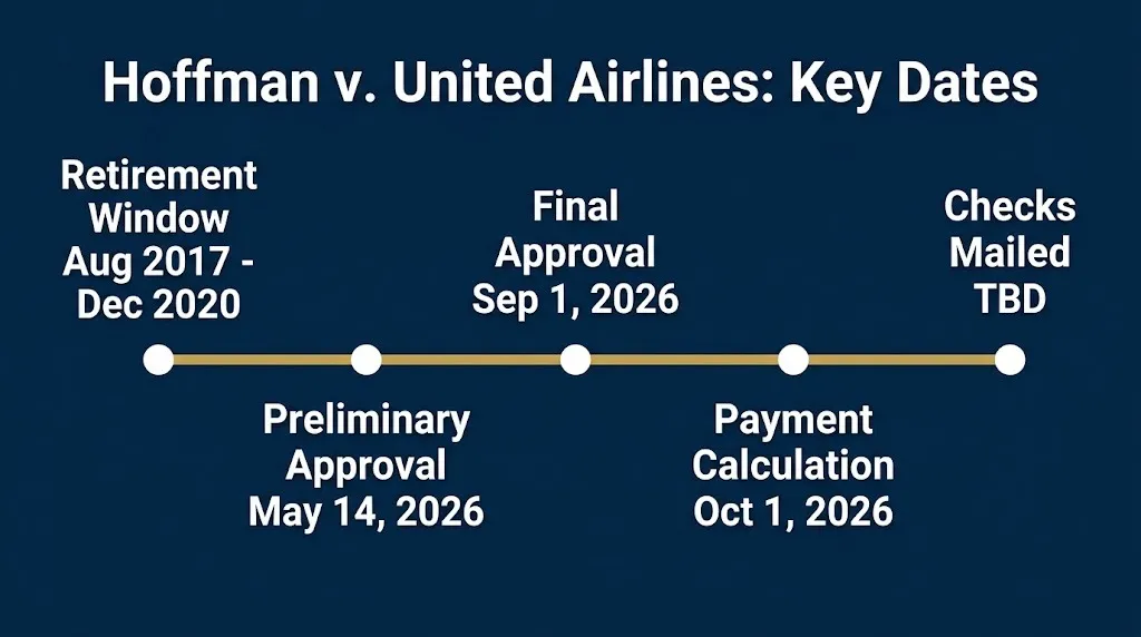 Timeline of key dates in the United Airlines retiree settlement from 2026.