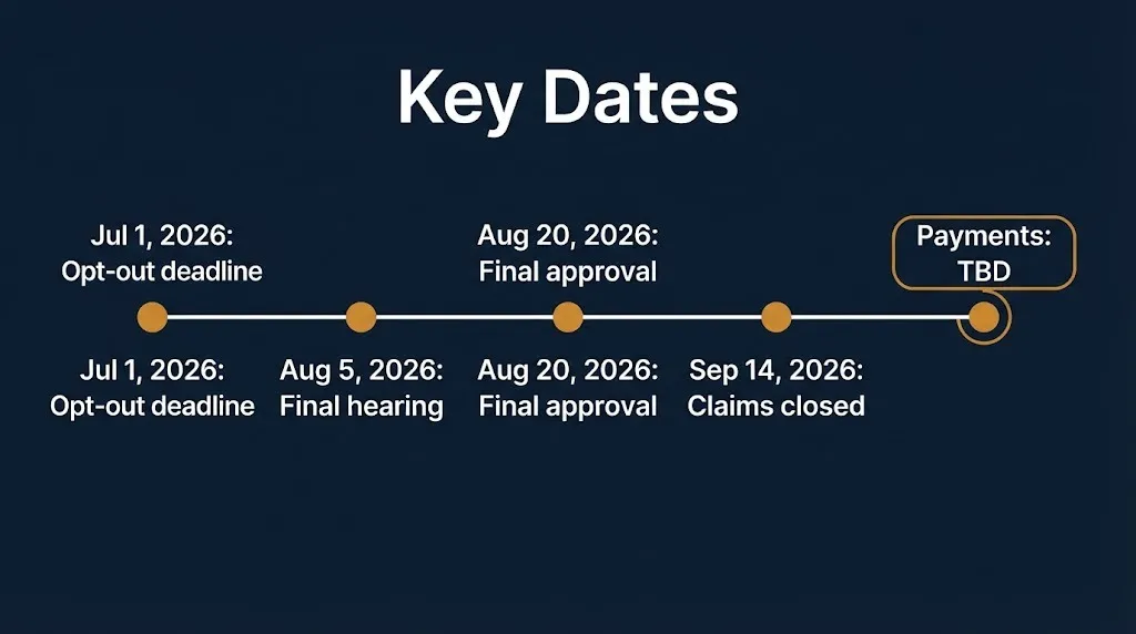 Timeline of key dates in the Xfinity class action lawsuit settlement from July 1 opt-out to Sept. 14 claim deadline
