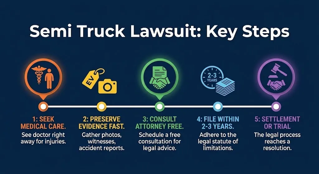 Timeline of key steps in filing a semi truck accident lawsuit from injury to resolution