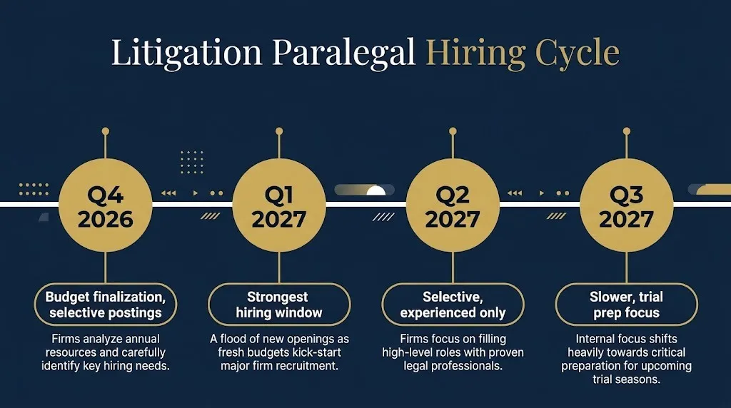 Timeline of litigation paralegal hiring cycle showing quarterly demand from Q4 2026 through Q3 2027.
