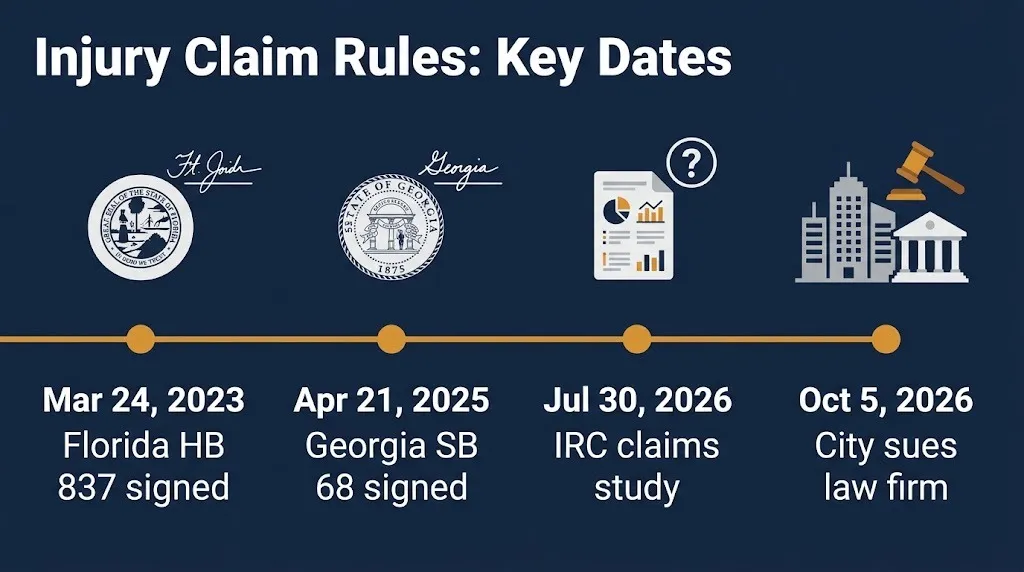 Timeline of personal injury lawsuit lawyers rule changes from Florida HB 837 in 2023 to a 2026 insurer study and city suit