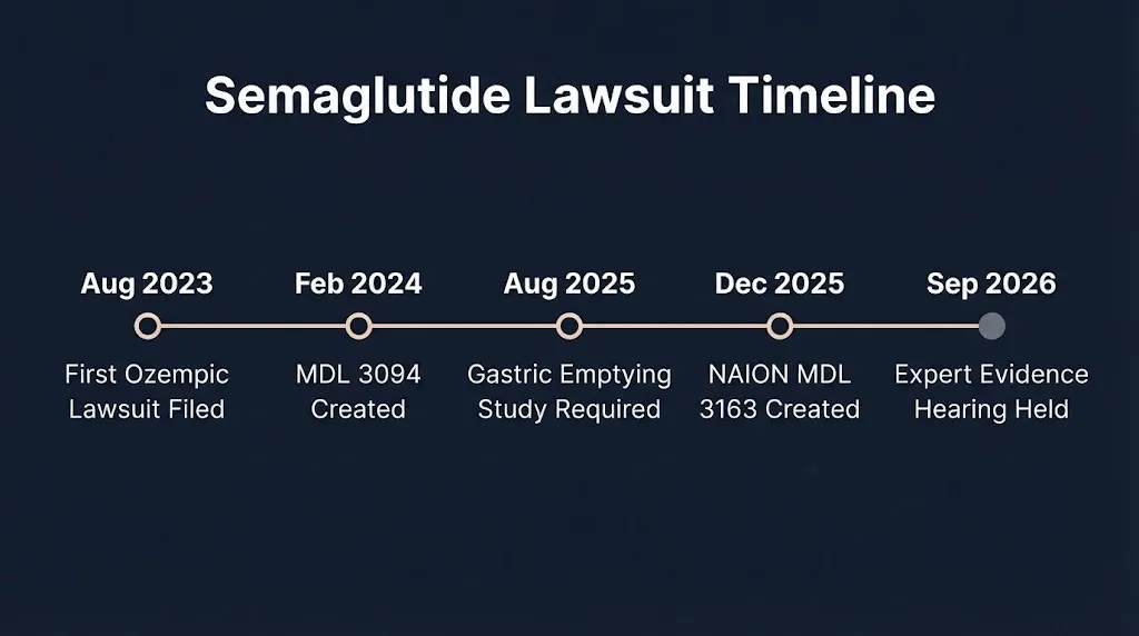 Timeline of semaglutide lawsuit from 2023 filing through 2026 expert hearing.