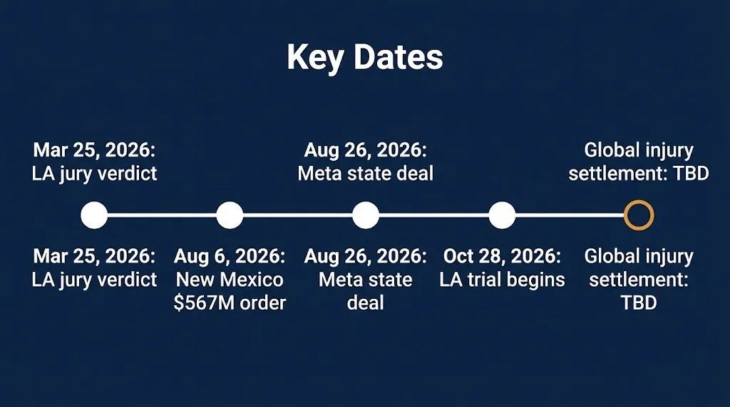Timeline of social media litigation from the March 2026 verdict to the October 28 trial and a pending global settlement
