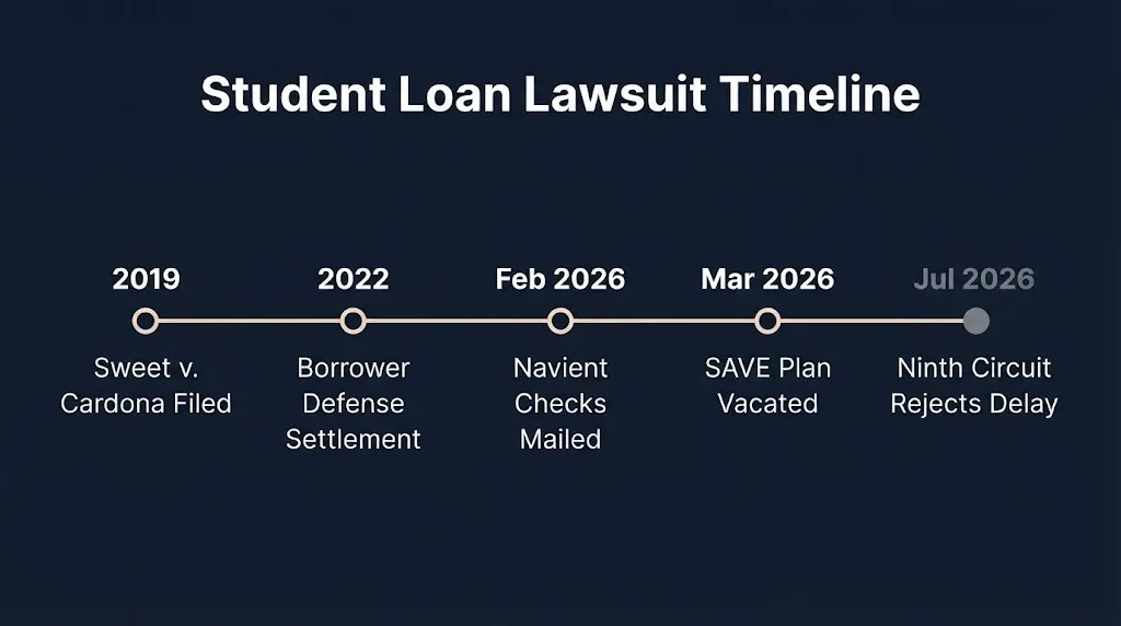 Timeline of student loans lawsuit from 2019 borrower defense case through 2026 relief.