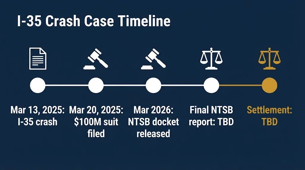 Timeline of the Austin semi accident lawsuit I-35 crash March 2025, $100M suit, NTSB docket 2026, settlement TBD.