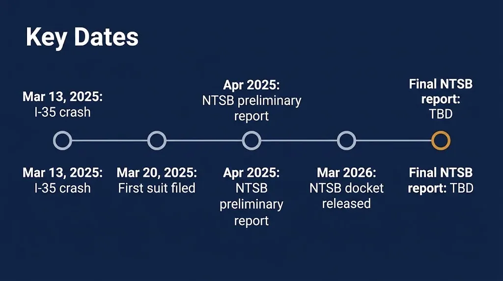 Timeline of the Austin truck crash lawsuit from the March 2025 I-35 crash to the pending NTSB final report