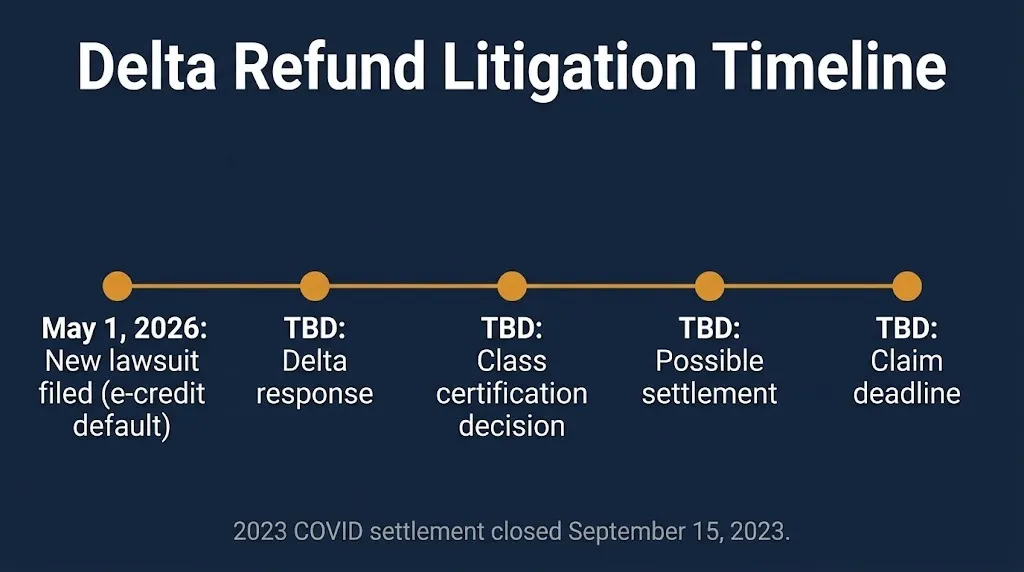 Timeline of the Delta flight cancellation compensation lawsuit with May 2026 filing and TBD milestones.