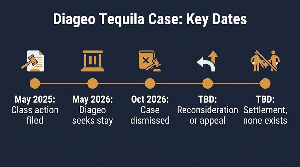 Timeline of the Diageo lawsuit from the May 2025 filing to the October 2026 dismissal, with appeal marked TBD