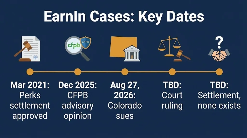 Timeline of the EarnIn lawsuit from the 2021 Perks settlement to Colorado's August 2026 suit, with rulings marked TBD