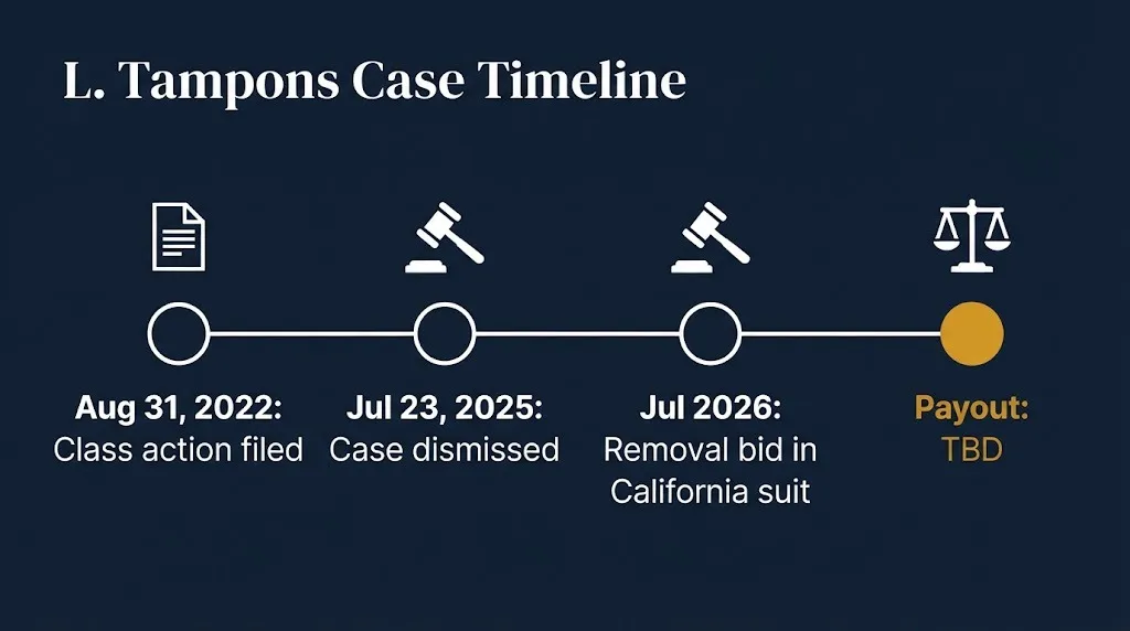 Timeline of the L tampons lawsuit filed Aug 31, 2022, dismissed July 23, 2025, California suit in 2026.