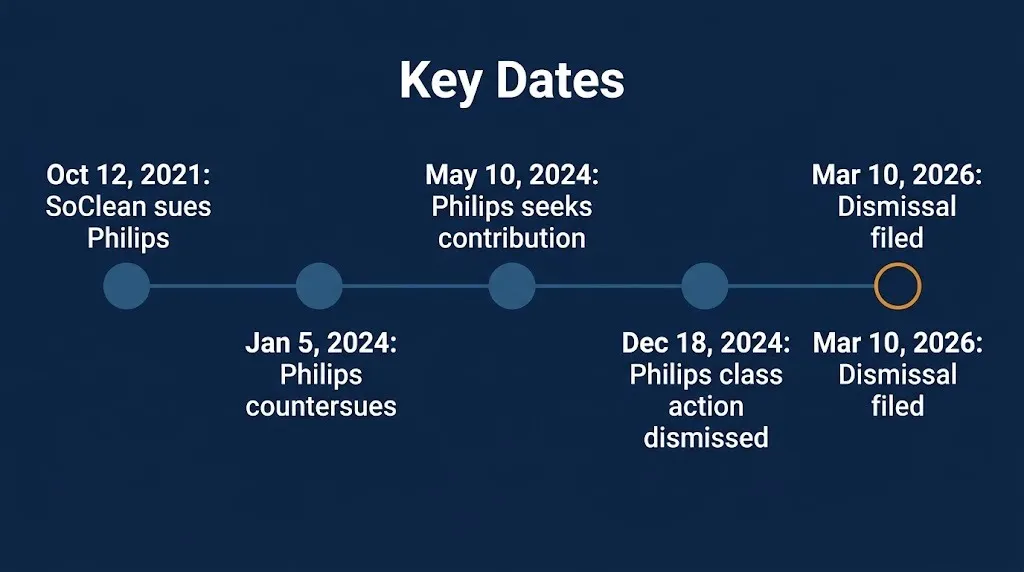 Timeline of the SoClean lawsuit from the October 2021 Philips suit to the March 2026 dismissal filing in MDL 3021