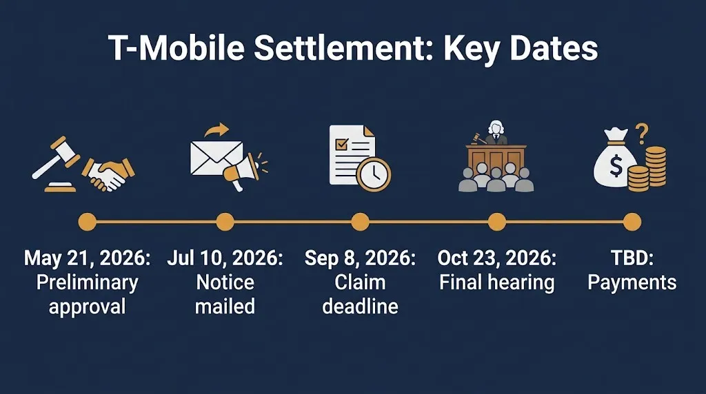 Timeline of the T-Mobile job-posting settlement from May 2026 preliminary approval to the October 23 final hearing