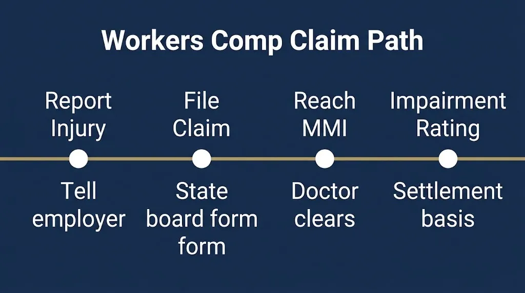 Timeline of workers compensation claim steps after cervical fusion from injury report to impairment rating.