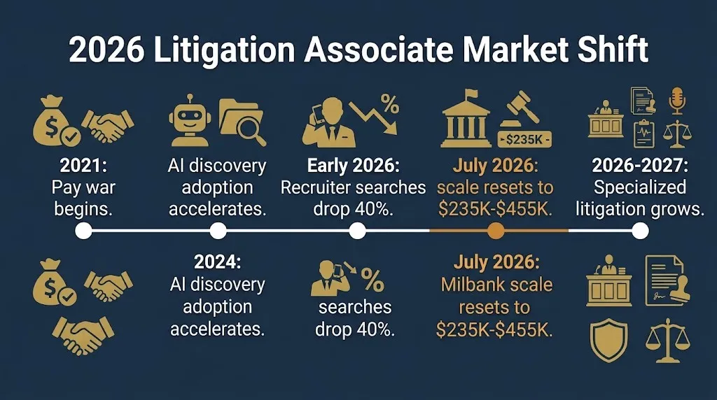 Timeline showing 2026 litigation associate job market shift from AI adoption to new salary scale.