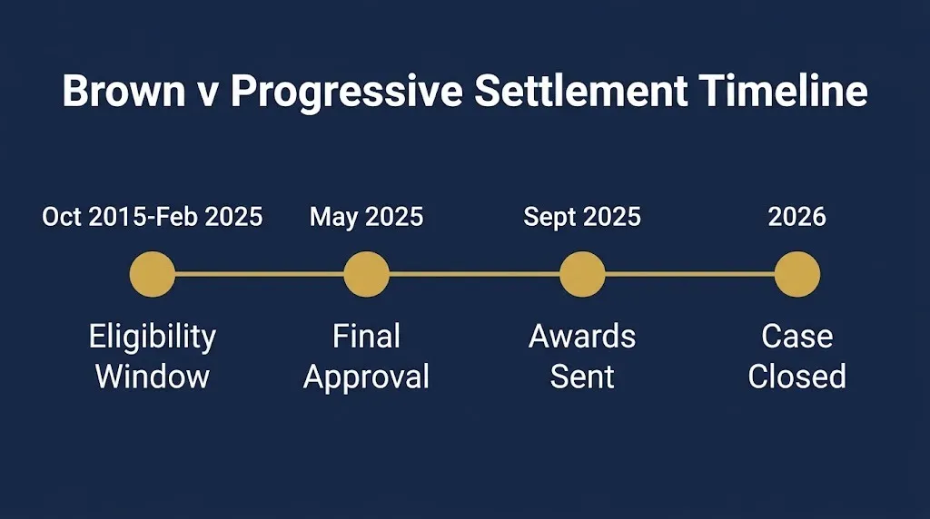 Timeline showing Brown v Progressive settlement milestones from eligibility to payment.