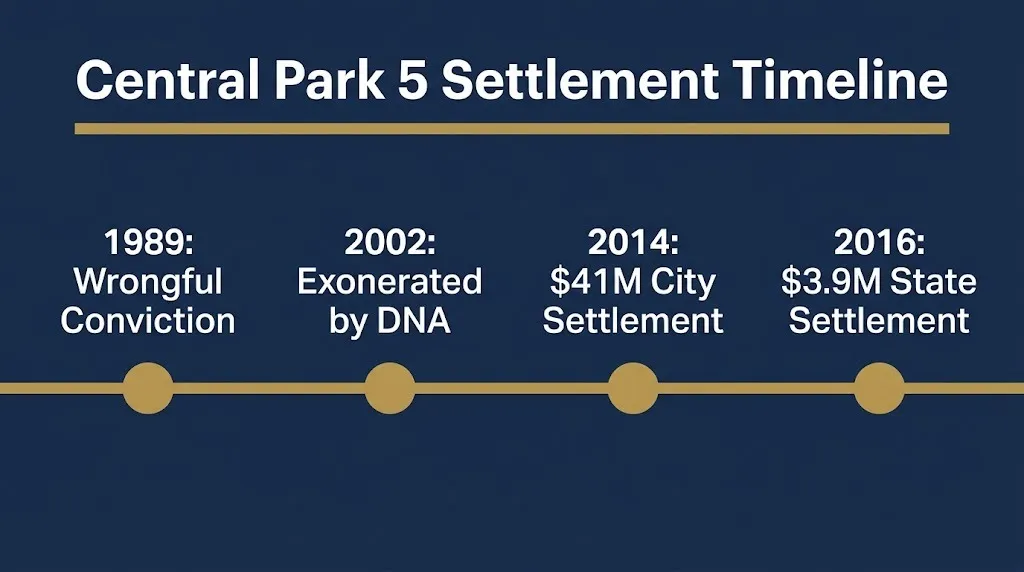 Timeline showing Central Park 5 settlement milestones from 1989 to 2016.