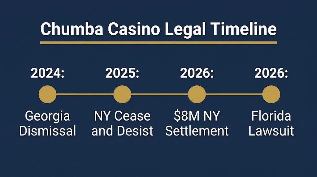Timeline showing Chumba Casino legal milestones from Georgia dismissal to New York settlement.