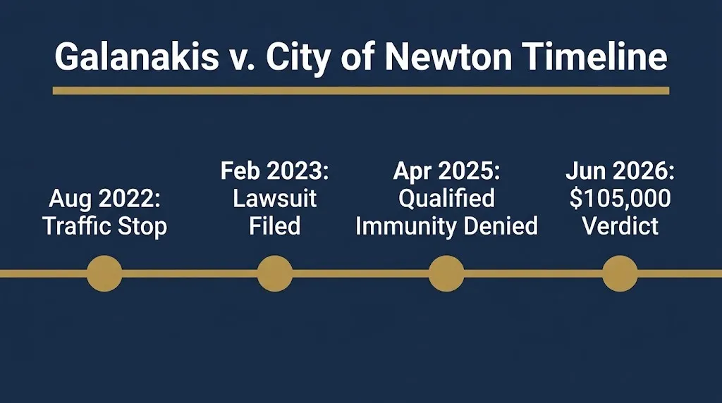 Timeline showing Galanakis v. City of Newton case milestones from 2022 to 2026.