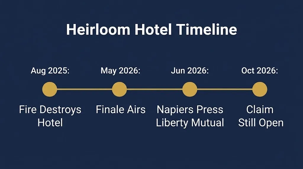 Timeline showing Heirloom Hotel fire and insurance claim milestones in 2025 and 2026.