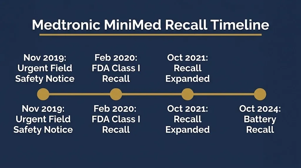Timeline showing Medtronic MiniMed insulin pump recall milestones from 2019 to 2024.