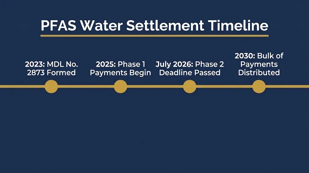 Timeline showing PFAS water settlement milestones from MDL formation to payment distribution.