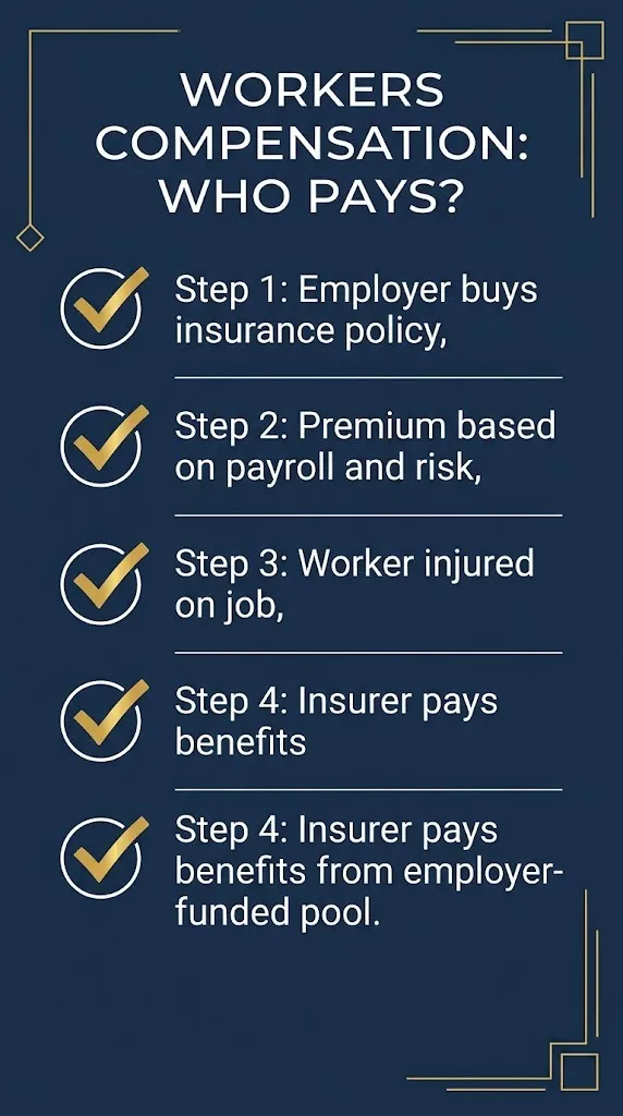 Timeline showing employers fund workers compensation through premiums, then insurers pay benefits.