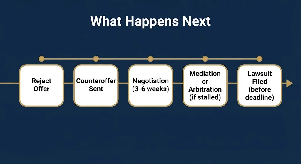Timeline showing steps after rejecting an insurance settlement offer including negotiation and lawsuit