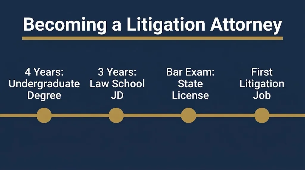 Timeline showing the path to becoming a litigation attorney from undergraduate to first job.